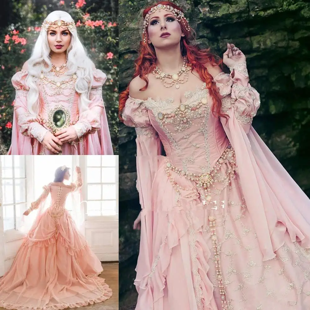 Średniowieczna różowa suknia balowa suknie ślubne 2021 Off The Shoulder Royal Sleeve koronkowe perły Garden gothic sznurowane suknie ślubne