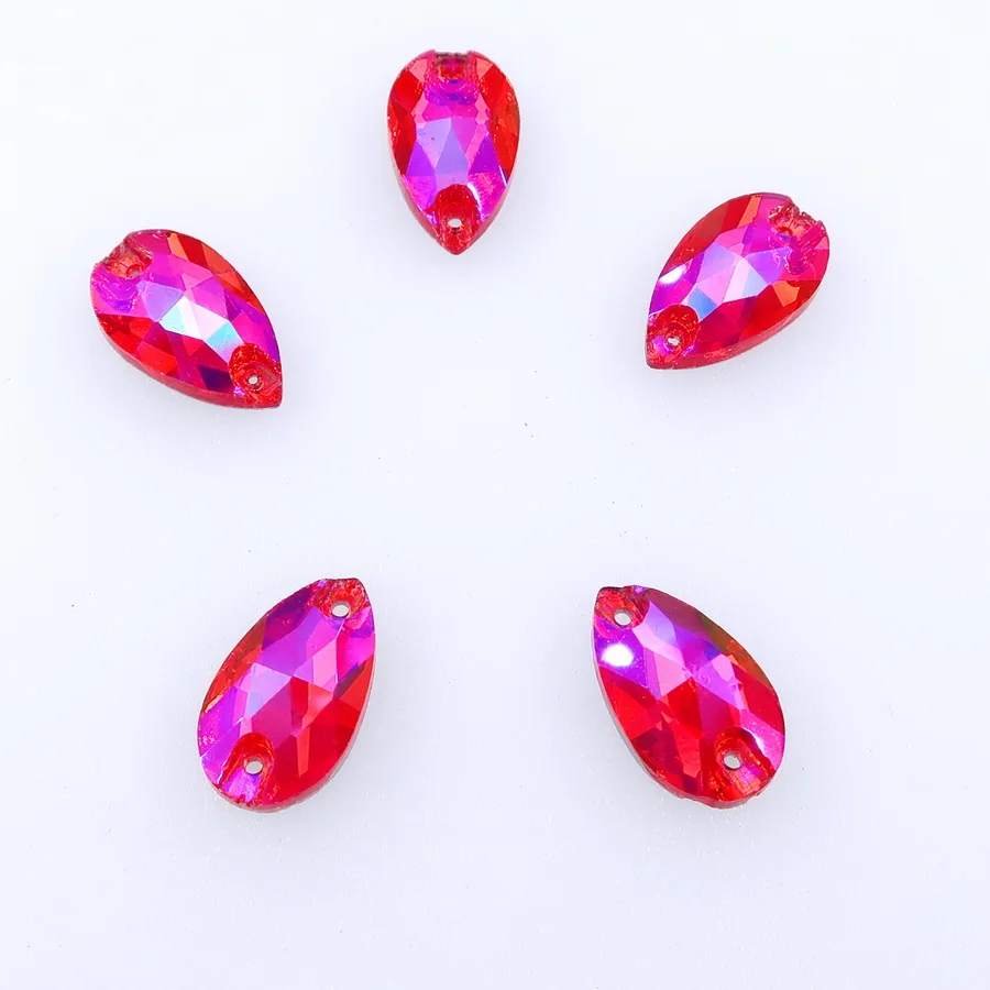 AB Farben Schlanke Wassertropfenform Glaskristalle mit Flacher Rückseite Zwei Löcher 5 Größen Kristalle zum Aufnähen auf Kleidung Schuhe Hochzeitskleid DIY – Detail 10