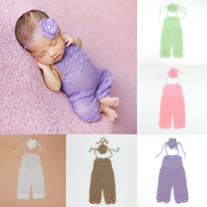 

❤️Newborn Photography Clothing Mohair Headband+Suspenders 2Pcs/set Studio Baby Photo Props Accessories Crochet Costume Outfits