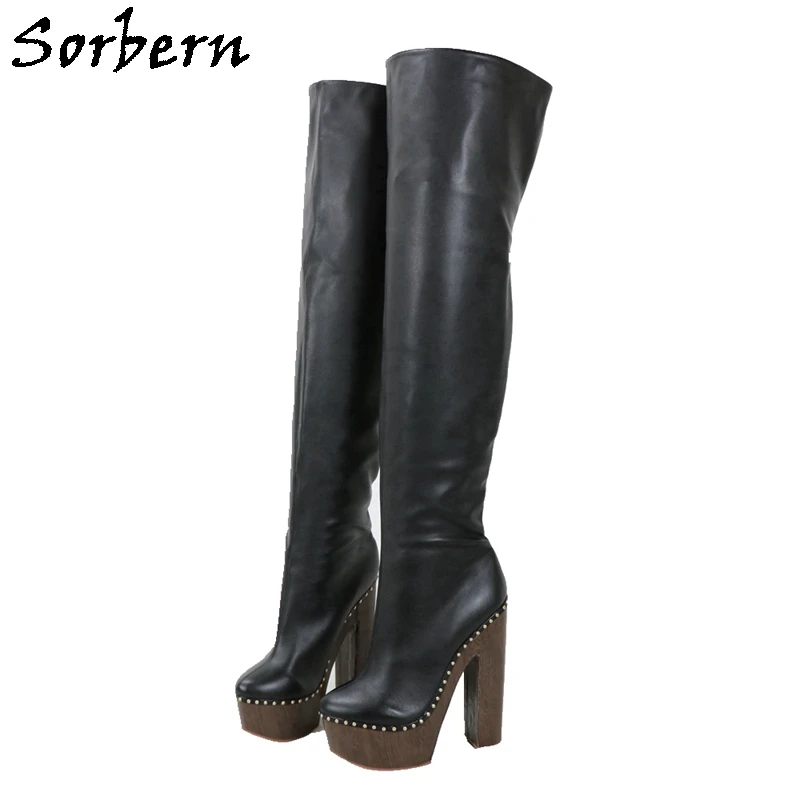 

Sorbern Made-To-Order Studs Boots Women Cork Style Platform Block High Heels V Back Mid Thigh High Boots Lady Shoe Custom Color