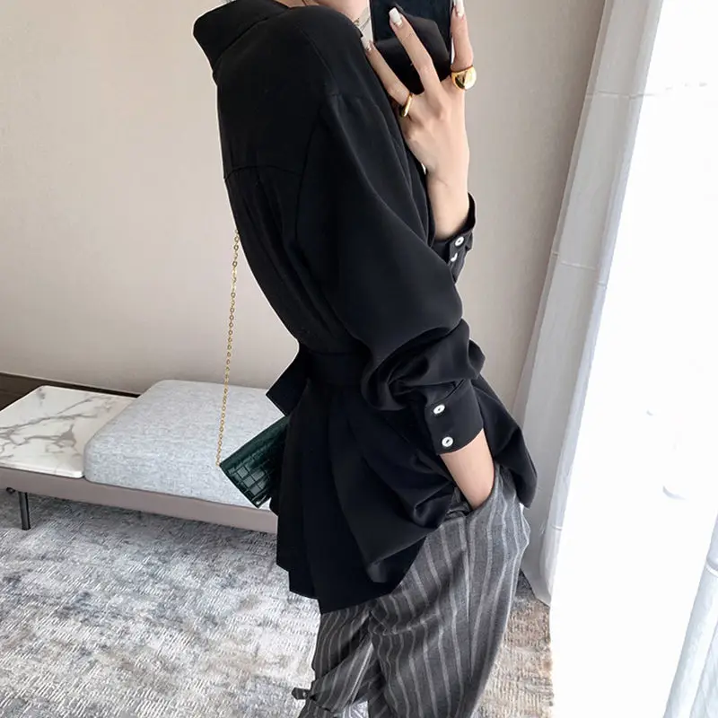 Office Lady Shirt 2021 Elegant Fashion Chiffon Blouse Long Sleeve Solid Color Pleated Slim Waist Collar Tops Temperament Clothes