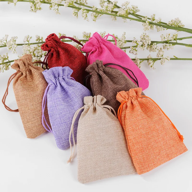 50pcs/lot 8x10cm Drawstring Burlap Jute Sackcloth Linen Bags & Pouches For Christmas Gift Packaging Bag Can Custom Logo