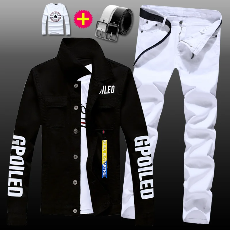 New Mens Denim Jacket Jeans Pants Slim Fit 2pcs Set Boys Casual Letters Printed Coat Trousers with Pendant Candy Color