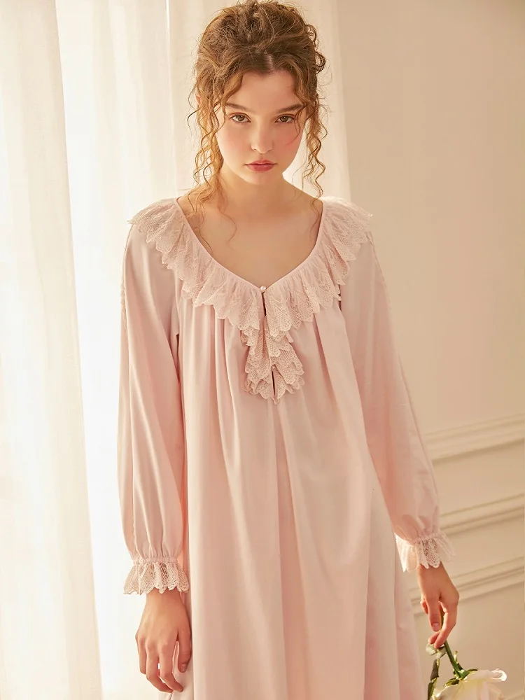 Spring Autumn Cotton Women's Long Sleepwear Vintage Royal Princess V-neck Long Nightgowns Elegant Plus Night Dress