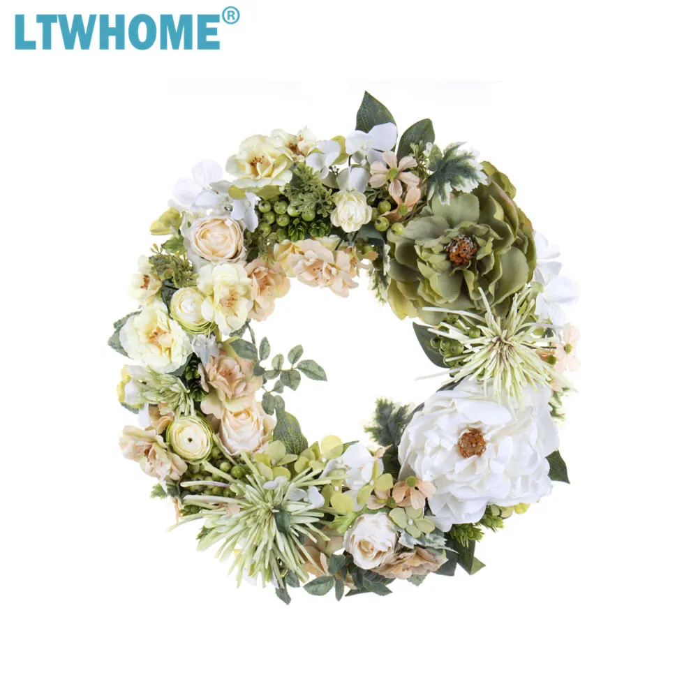 LTWHOME WHSPG 15 Inch Handmade Spring Door Wreath with White Peony, Green Cherry Bunch and Camellia, for Wedding Decor Home