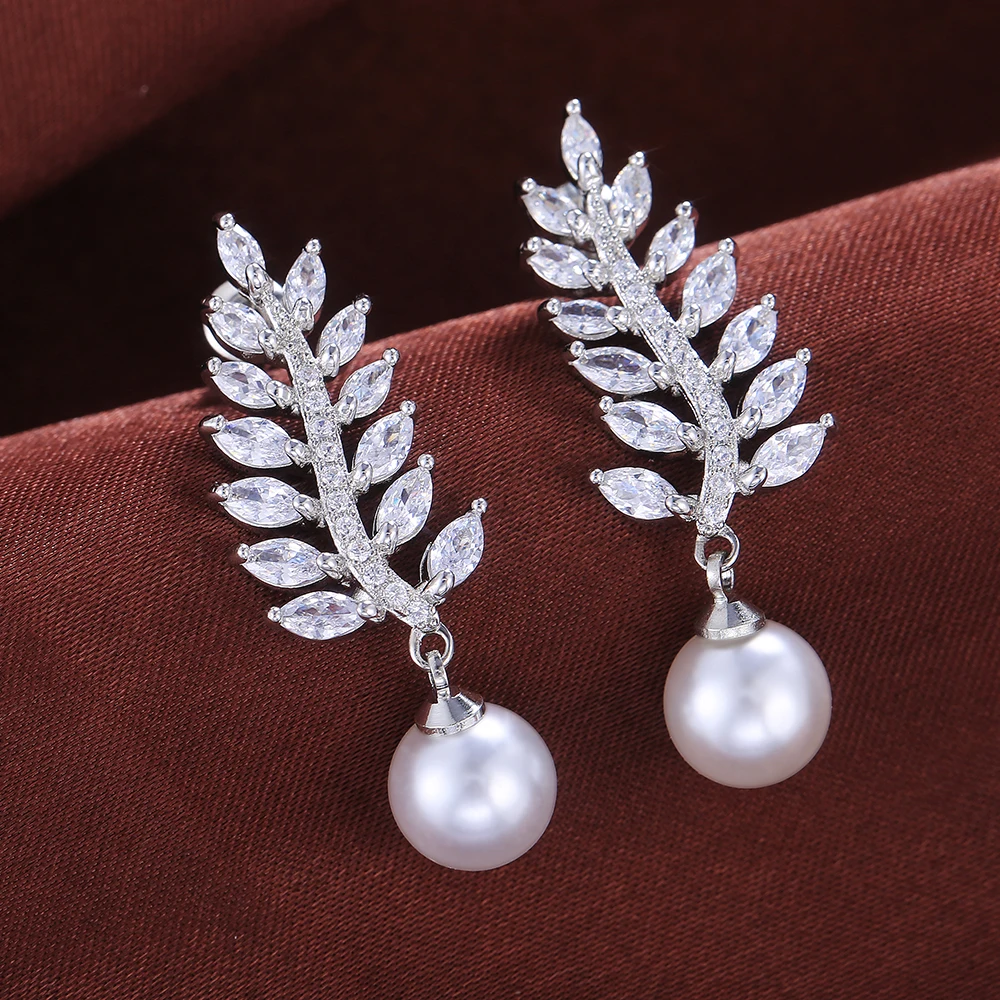 CAOSHI Temperament Female Drop Earrings Simulated Pearl Delicate Wedding Party Accessories with Leaf Shape Dazzling CZ Jewelry