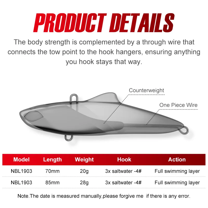 Noeby 70mm 20g Vibration Fishing Lures Artificial Hard Baits Lipless Crankbait Sinking Wobbler for Pike Fishing Lure