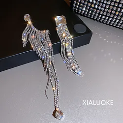 XIALUOKE Hyperbole Shine Full Rhinestone Asymmetry Drop Earrings For Women Long Tassel Crystal Earrings Weddings Party Jewelry