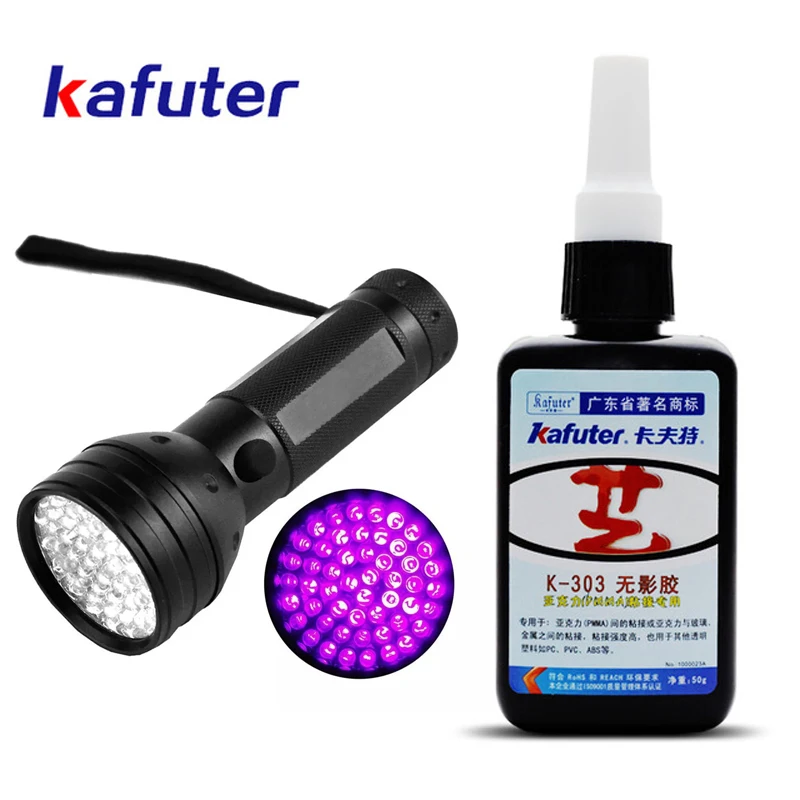 Kafuter 50g K-303 UV Glue Uv Curing Adhesive Acrylic Transparent Plastic PVC ABS Glass Metal Adhesive With 9/51LED UV Flashlight