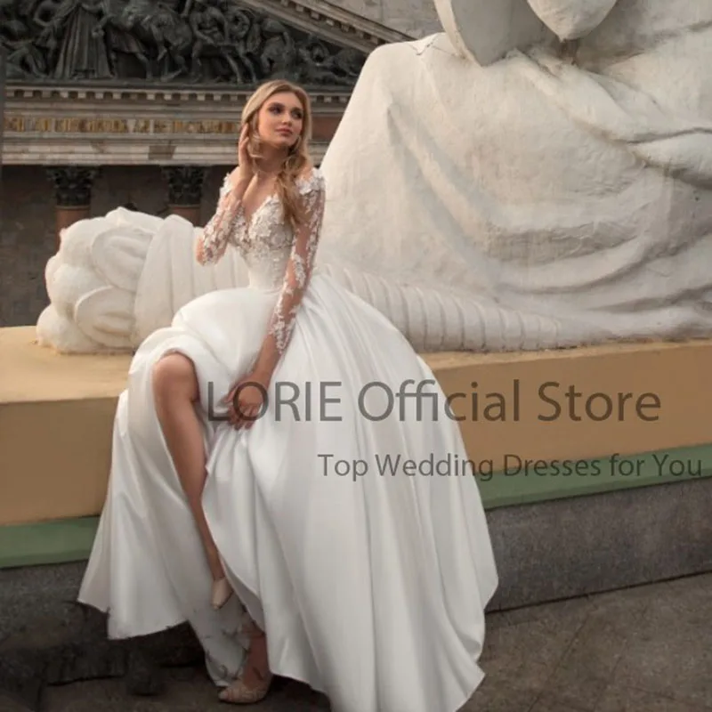 LORIE Boho Wedding Dresses Long Sleeves Scoop A-Line Satin Wedding Gown Vintage White Ivory Custom Made Luxury Bridal Dress 2024