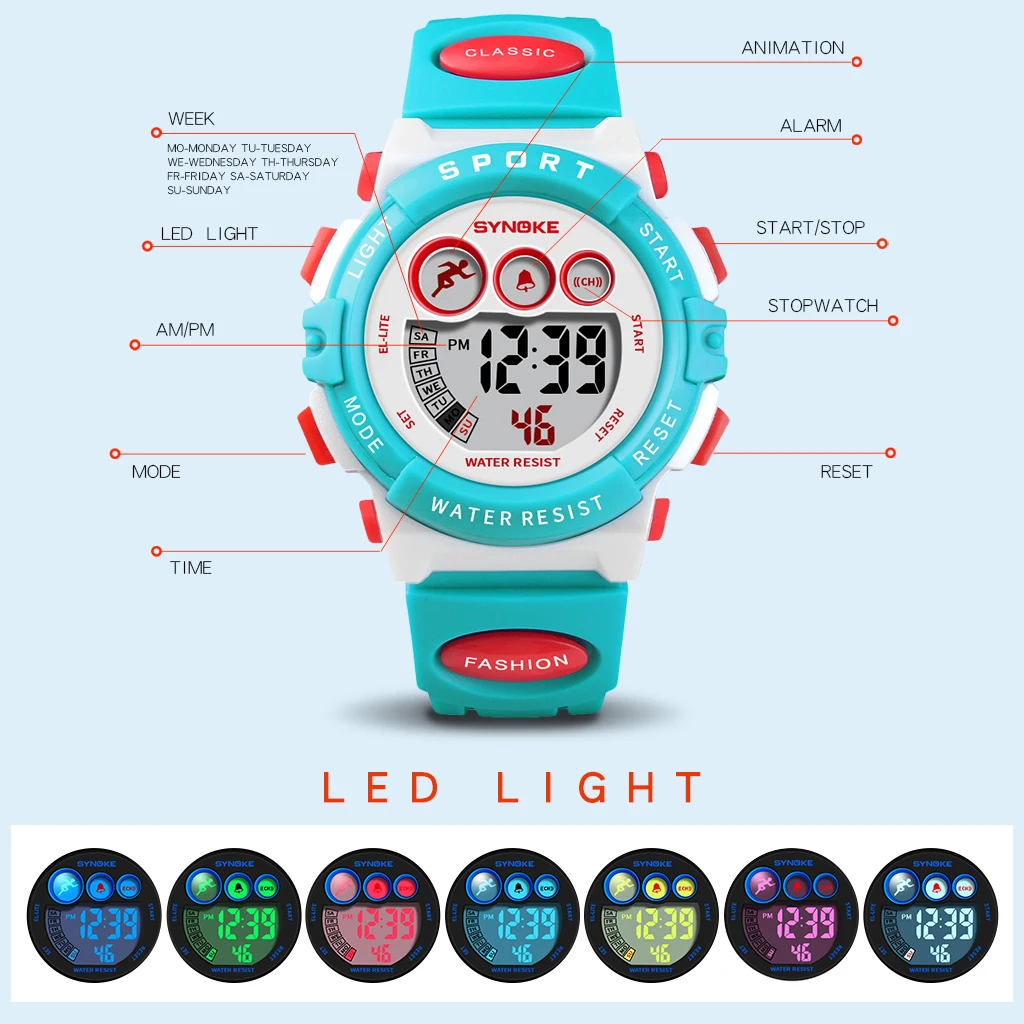 SYNOKE Brand Watches For Kids Colorful Electronic Watches 50M Waterproof Clock Kids Children Digital Watch For Boys Girls