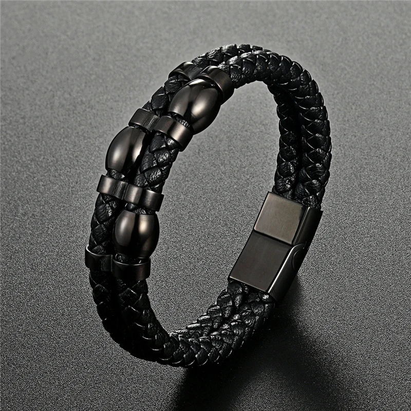 New Classic Punk Stainless Steel Magnetic Metal Clasp Men Jewelry Two Layers Black Genuine Leather Bracelet with Charms Pulseira