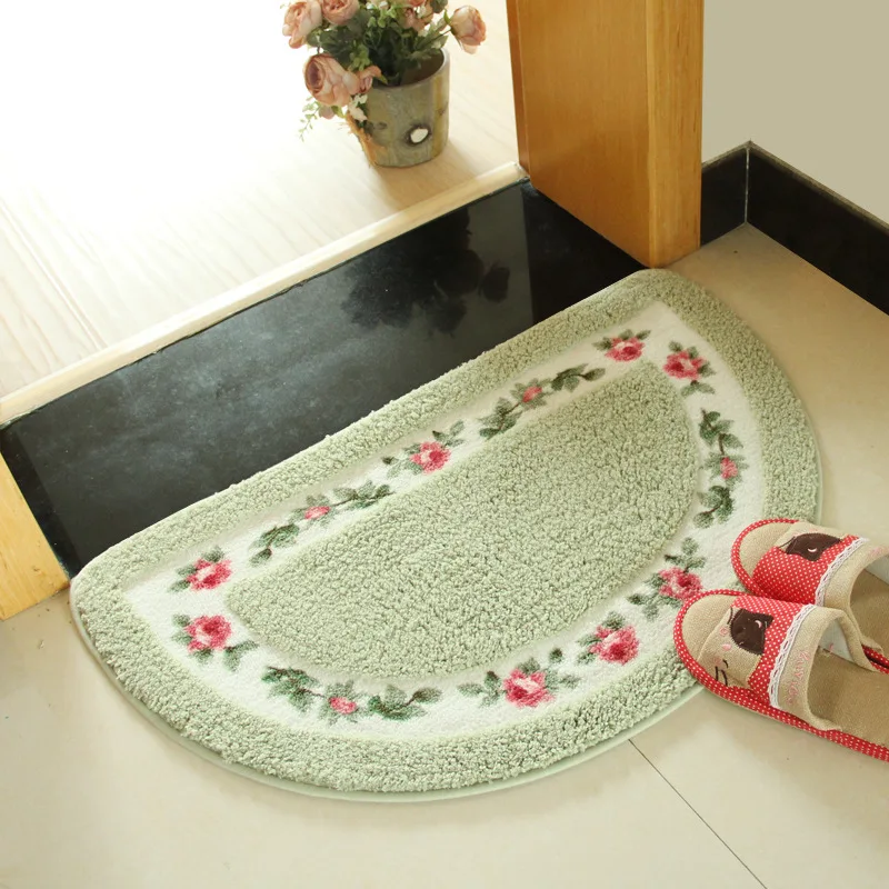 Semicircular Floral Floor Mat for Home Decor Non-Slip Bottom Bathroom Toilet Doormat Washable Suede Area Rug for Bedroom Kitchen