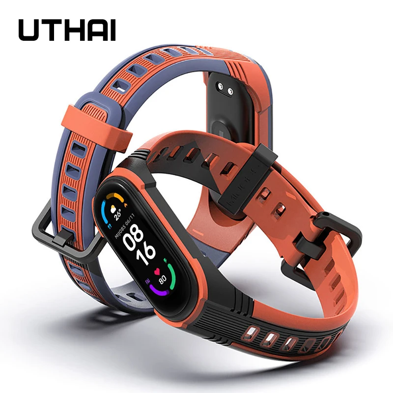 UTHAI Two-color silicone bracelet for mi band 7 strap for mi band 6 5 4 3 Flat Hole Breathable Universal Wristbands S30