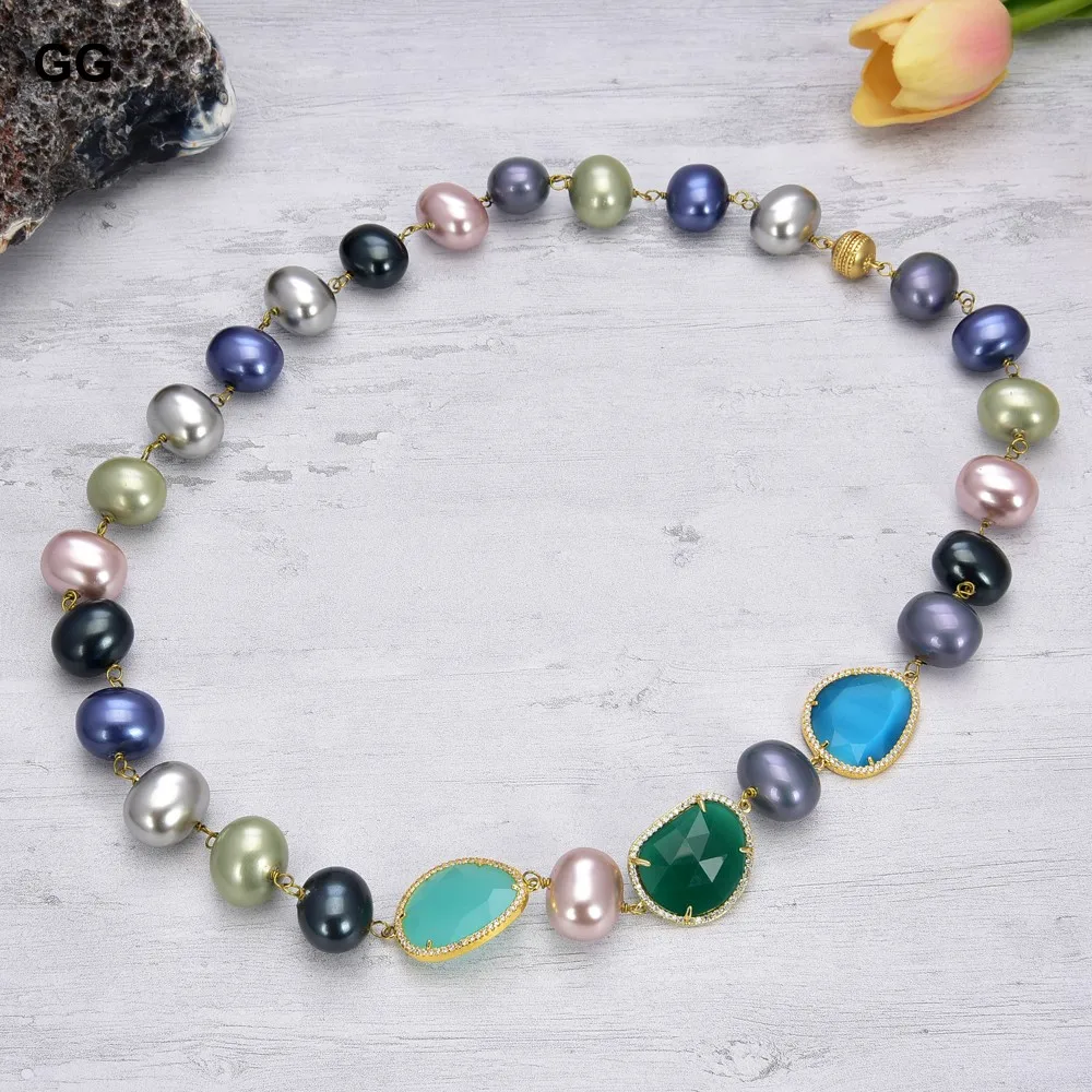 

GuaiGuai Jewelry 29" Mixed Color Sea Shell Pearl Necklace CZ Pave Connector