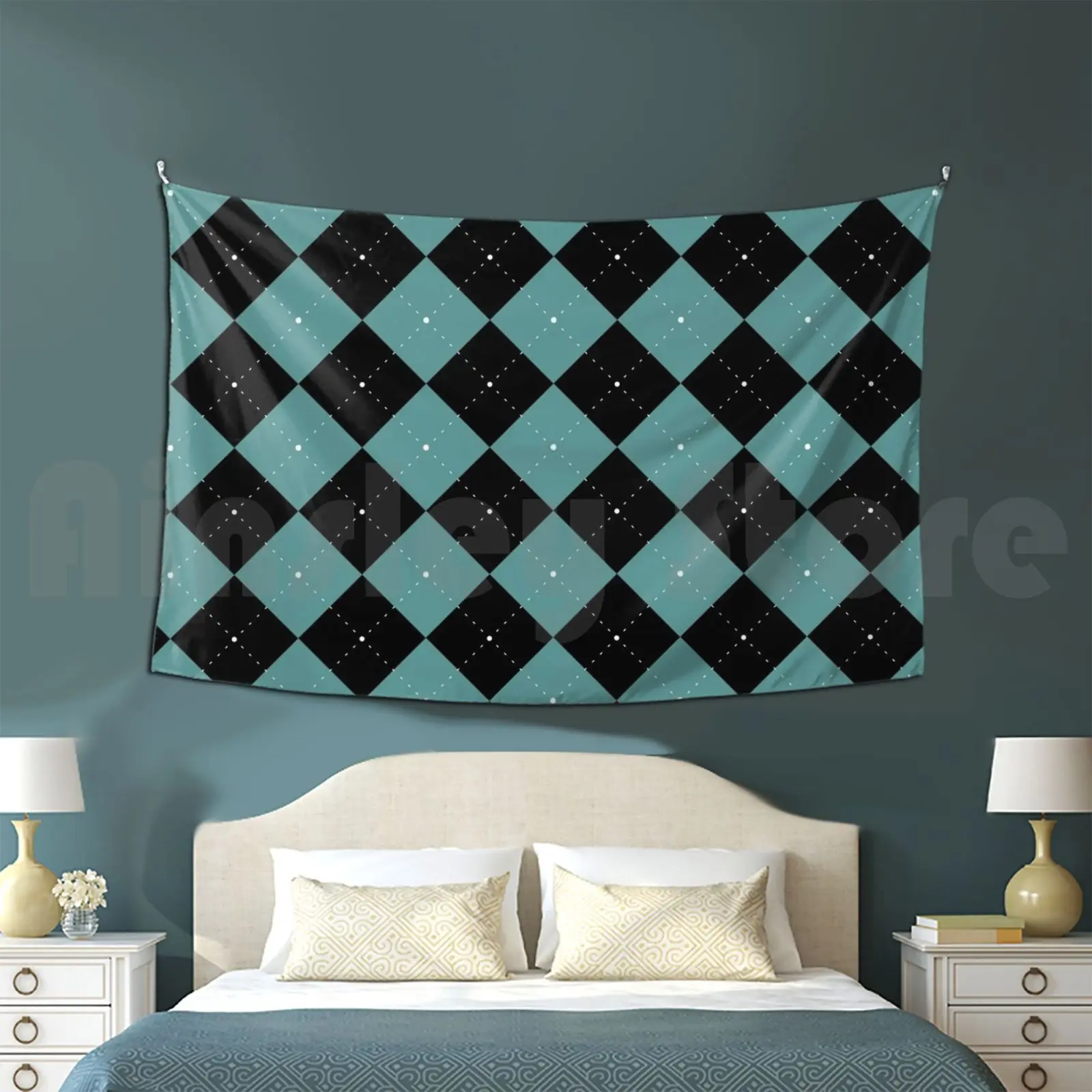 Argyle Checkered Fabric Pattern Fashion Tapestry Living Room Bedroom Shades Of Green Blue Turquoise Cyan Abstract