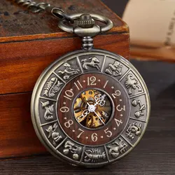 Reloj de bolsillo mecánico tallado en círculo de madera Vintage para hombre, único hueco Steampunk, esqueleto, esfera de número, relojes mecánicos, cadena