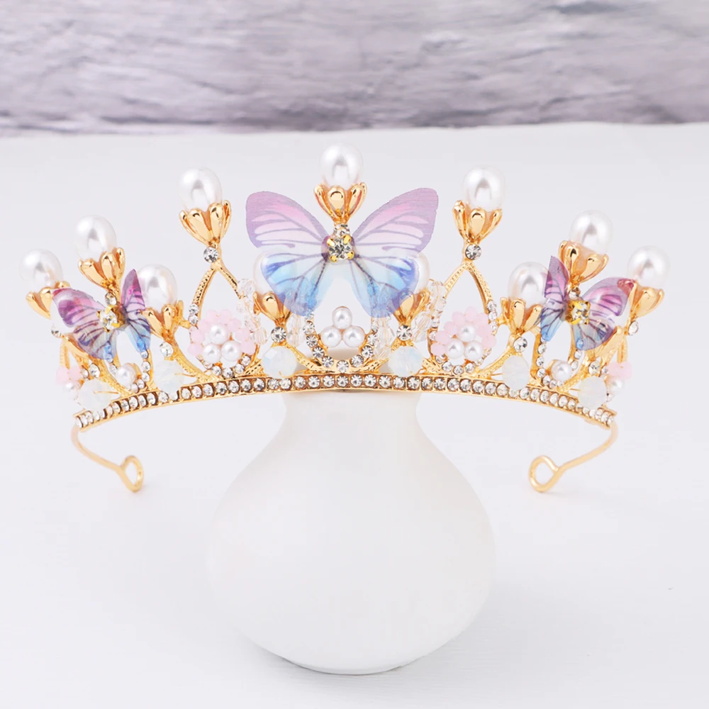 Fashion Crystal Princess Crown Rhinestone Tiara for Girl Birthday Wedding Model Catwalk Queen Crown Pearl Butterfly Hair Jewelry