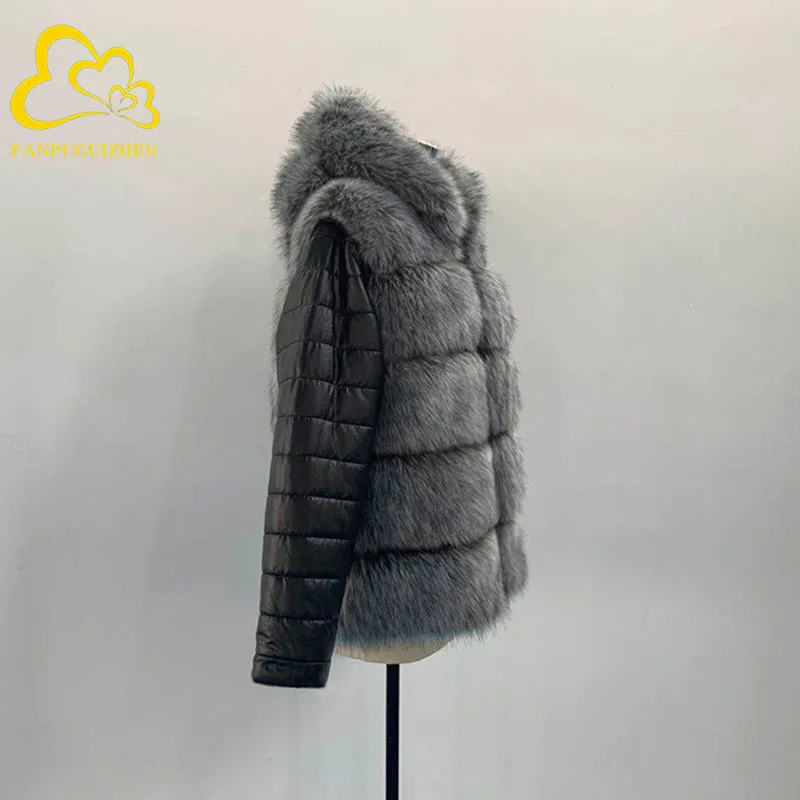 FANPUGUIZHEN Abrigo de piel sintética grueso y cálido de talla grande para mujer, chaqueta con capucha y cremallera, ropa de abrigo de invierno de manga larga extraíble