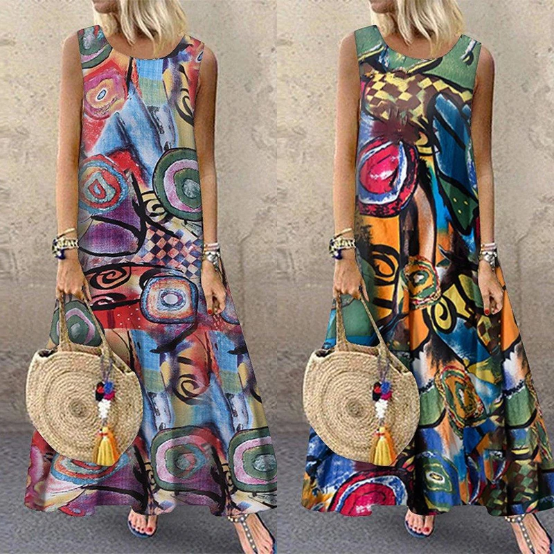 2023 Jesień Lato ZANZEA Plisowana Sukienka Kobiety Vintage Vestidos Robe Printed Long Maxi Dresses Femme 3/4 Sleeve Tunic