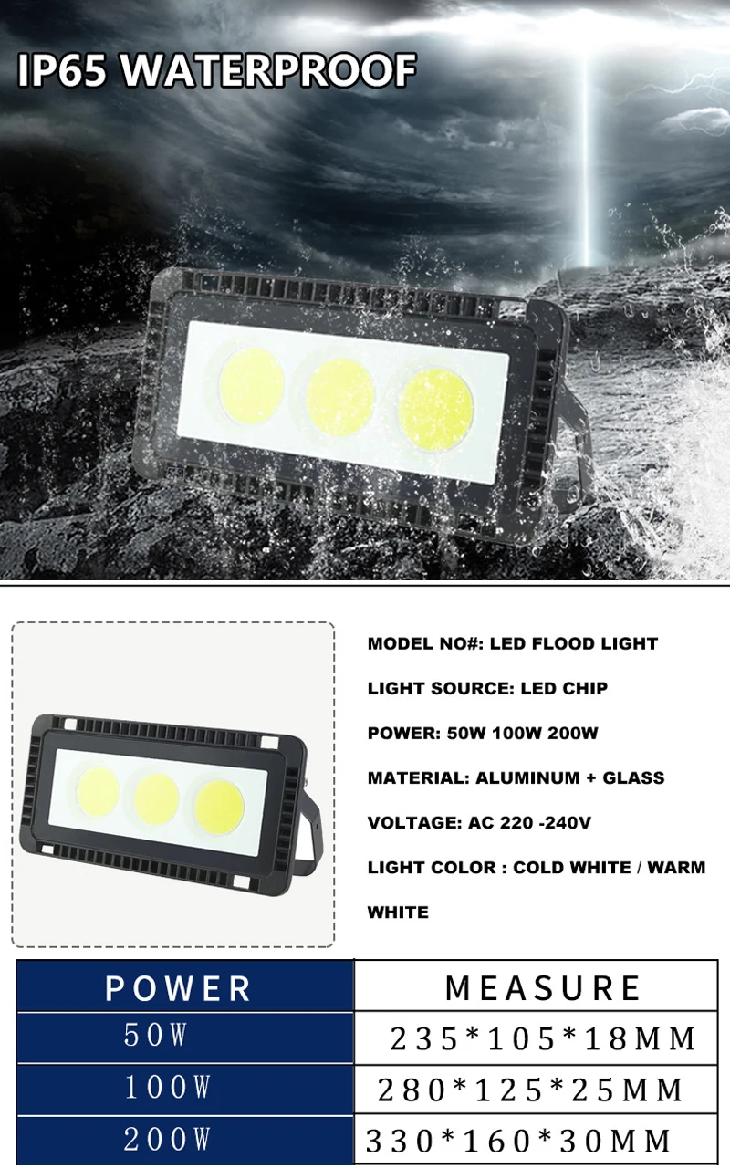 Flood Light LED Projector Floodlight 220V Waterproof Spotlight 50W 100W 200W Outdoor Lighting for Garden Garage Street Wall