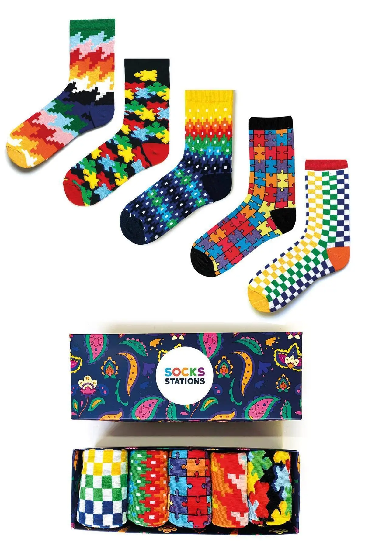 5 grain 3d Puzzle Pattern Colorful Socks Custom Box