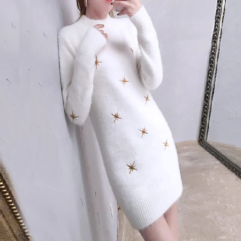 

Women Knit Sweater Pullover 2024 New Imitation Mink Velvet Loose Sweater Dress White Pink Half Turtleneck Primer Shirt Female