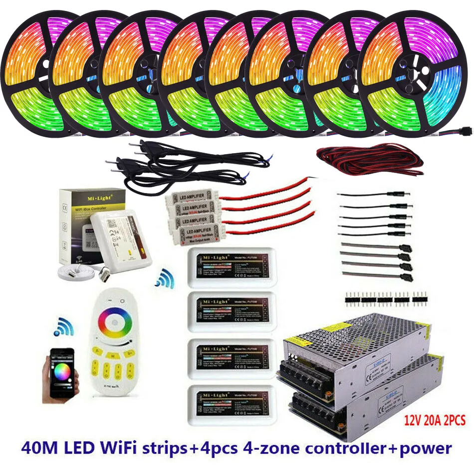 5M 10M 20M 30M 40M 5050 RGB RGBW 60LED/M taśmy Led + 4-strefa RGB RGBW pilot zdalnego sterowania z WiFi WL IBOX + 12V zasilania LED