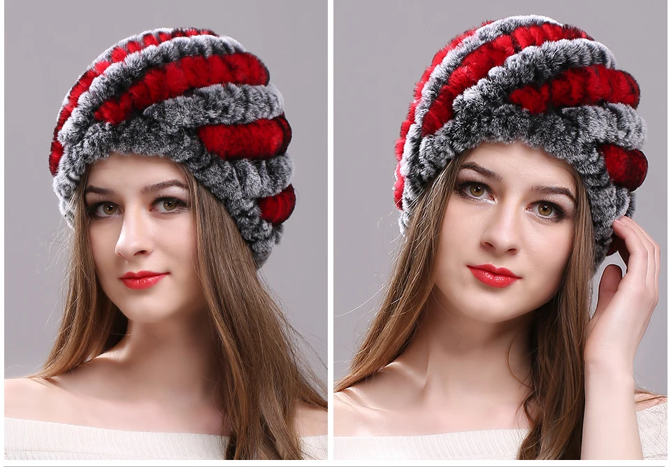 Echt Rex Kaninchen Pelz Hut Elastische Gestrickte Kappe mit Streifen Design Winter Hut für Frauen Damen Herbst Kopfbedeckungen Mode Mädchen bonnets – Detail 17