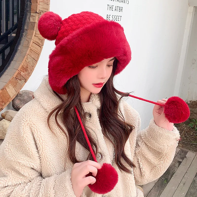 2021Winter Women Cotton Cashmere Hedging Cap Three Fur Balls Decorate Keep Warm Plus Velvet Knitted Hat Winter Hats for