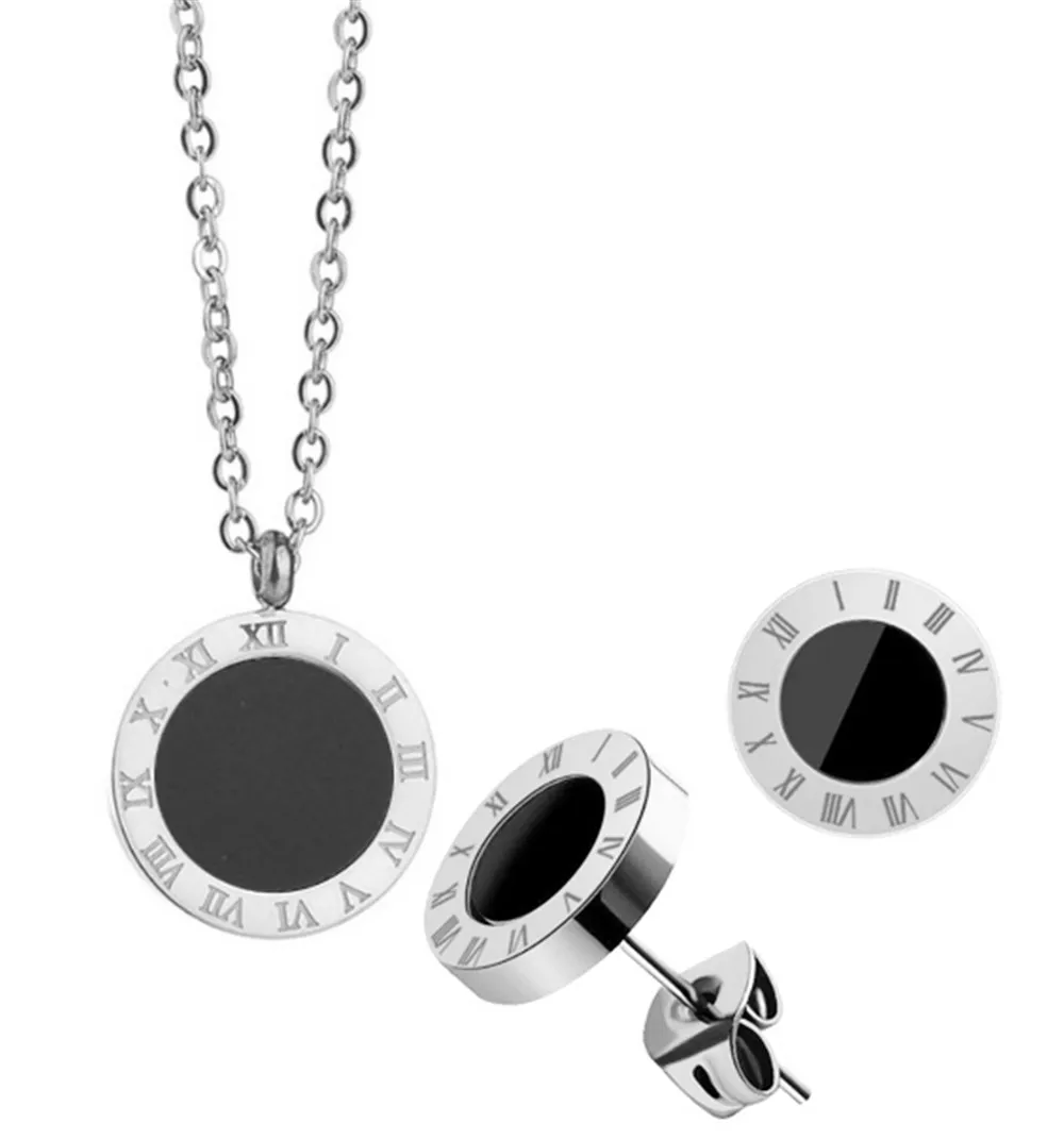 316L Stainless Steel Simple Black Enamel Roman Numeral Pendant Earring Necklace Set  Cережки Hабор