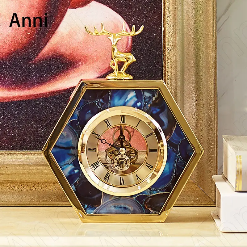 

Nordic Golden Deer Desk Clock Blue Agate Texture Decorative Clocks Golden Border Vintage Desktop Ornament Living Room Decoration