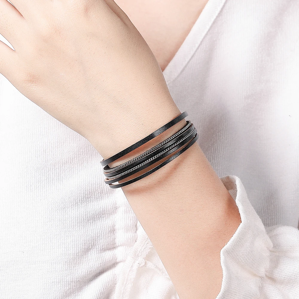 WYBU Casual Khaki Charm Leather Wrap Bracelet in Multilayer Strands Leahter Cuff Bracelets for Women Girl Friend Mother Wife