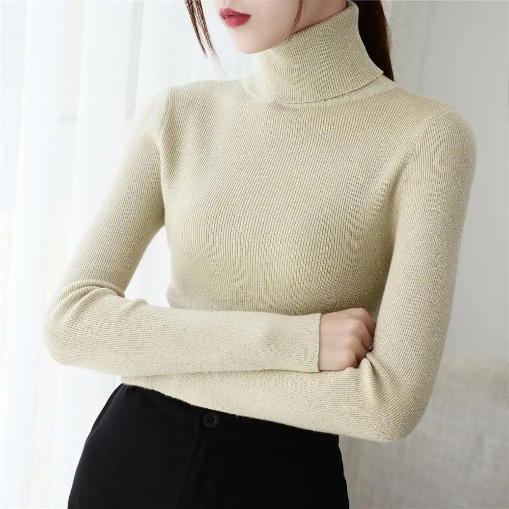 gkfnmt Shiny Lurex Turtleneck Sweater Women Knitted Warm Pullover Sweaters Long Sleeve Autumn Winter Slim Jumper Soft Pull Femme