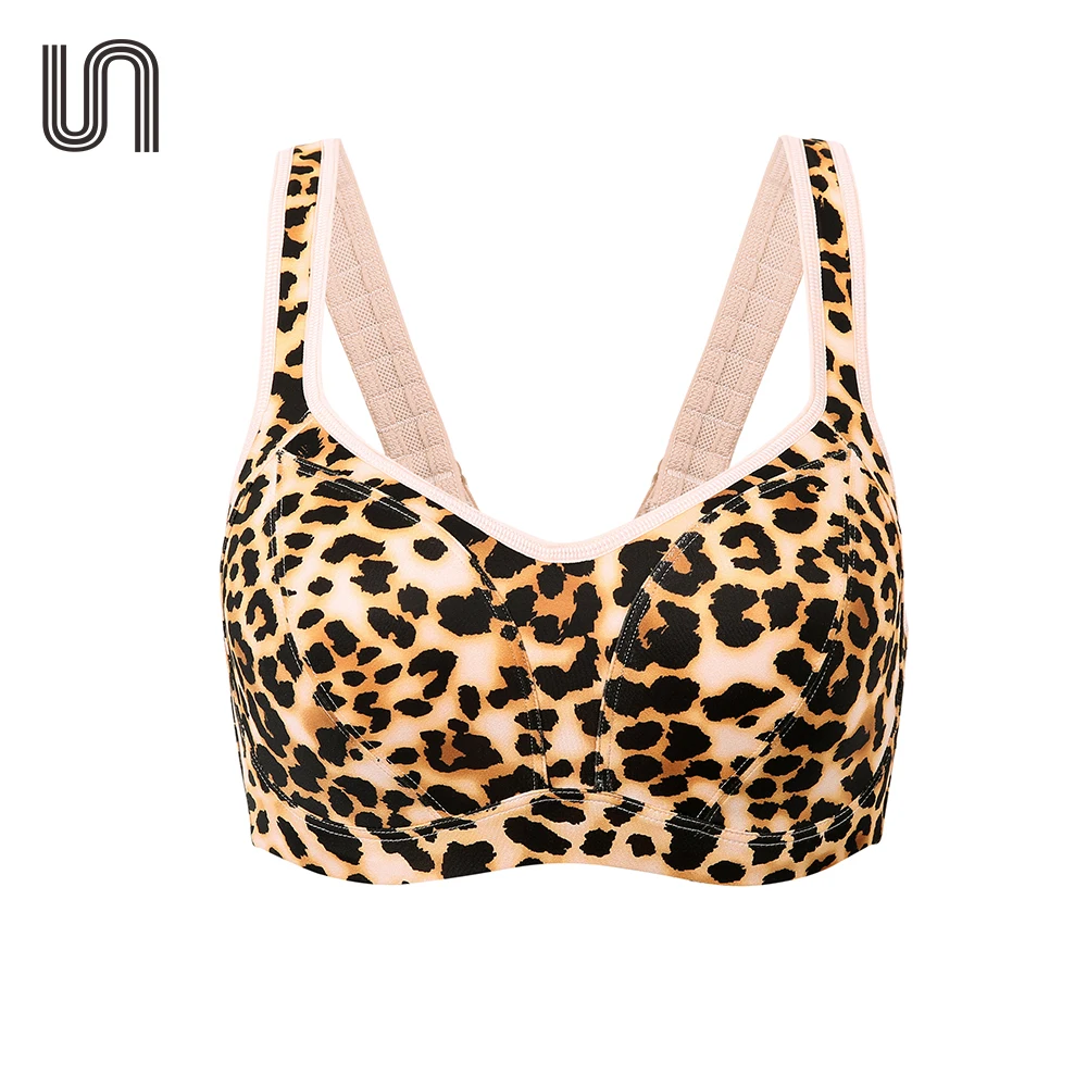 SYROKAN Women Leopard Printed Bras High Impact Underwire Support Plus Size Full Figure Pad Sports Bra Workout Underwear Bralette