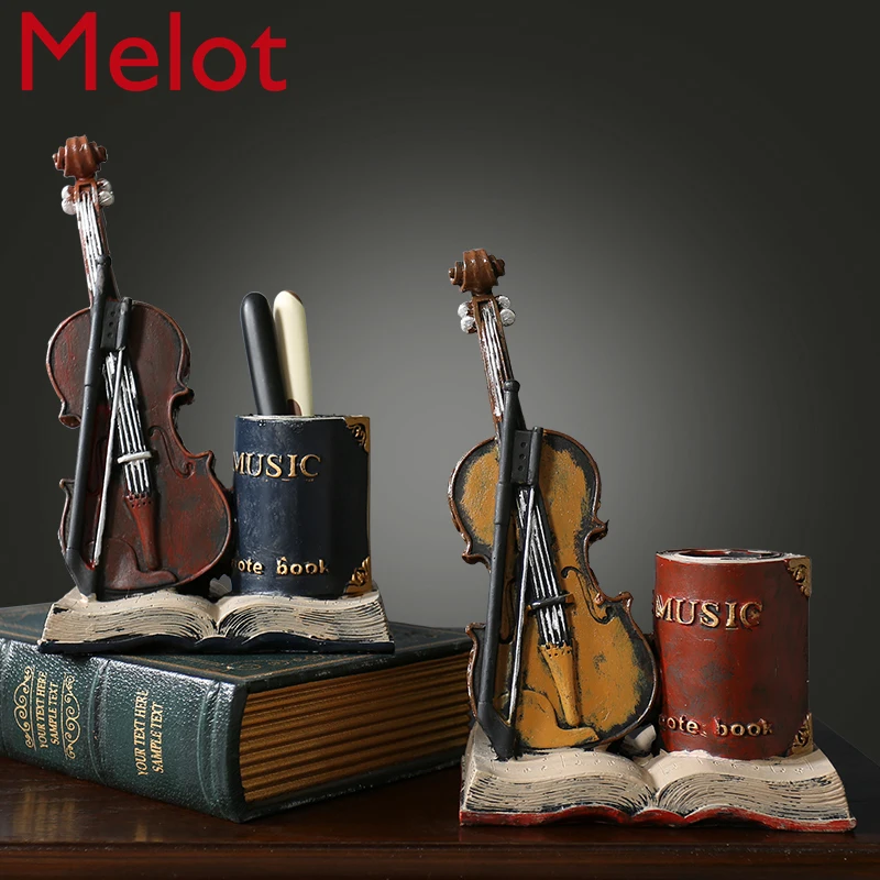 

Personalized Creative Retro Violin Book Desktop Pencil Vase Study Desk Surface Panel Home Living Room Decoration Art Products