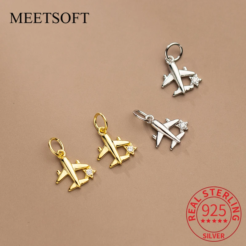 MEETSOFT Trendy S925 Sterling Silver Airplane Zircon Pendant 14K Gold Charms of DIY Handmade Fine Accessories Chic Drop Shipping