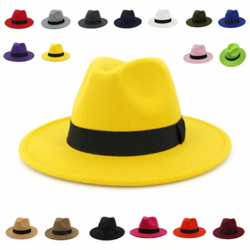 Women Winter Yellow Classic Elastic Fedora Hat Unisex Wool Felt Jazz Hats Elegant Men Women Wide Brim Panama Trilby Cap