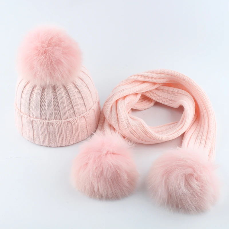 Gorro de punto con pompón de piel auténtica para niños y niñas, conjunto de bufandas, traje de bebé, gorros, bufanda, invierno cálido, 2 a 6 años,