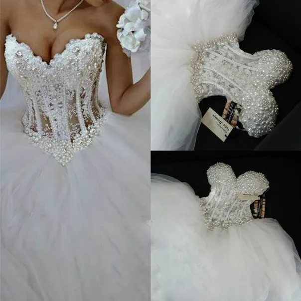 Luxuriöse Bling Liebsten Korsett Mieder Sheer Ball Kristall Perle Perlen Strass brautkleid 2021 Bespoke Hochzeit Kleider