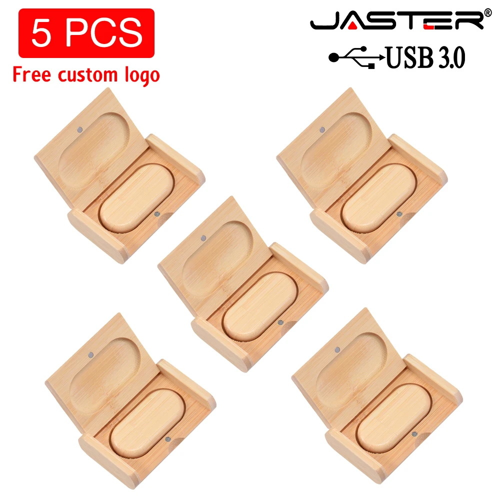 

JASTER 5PCS/LOT USB Flash Drives Wooden Box Pen drive Wood USB 3.0 Free custom logo 32GB 64GB Memory U Stick for Gifts 8GB 16GB