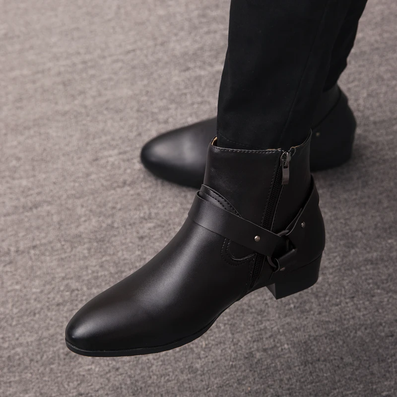 2020 New Ankle Boots Chelsea Boots PU Leather Men Boots Breathable Autumn Winter Fashion Pointed Toe Heels Dress Shoes Big Size