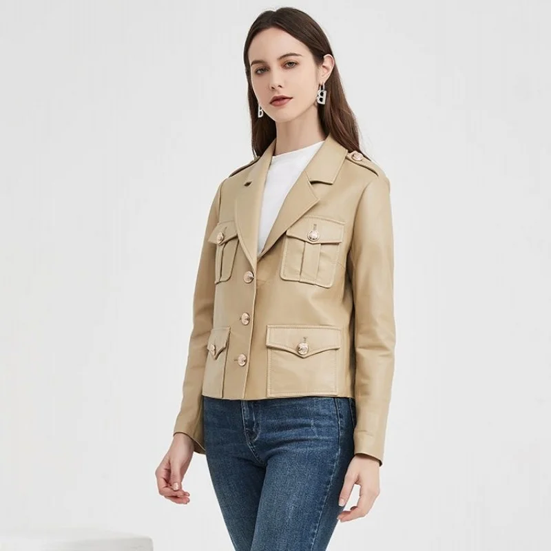 Manteau en peau de mouton véritable pour femme, élégant, poches courtes, boutonnage simple, de haute qualité, bureau, Slim Fit, kaki