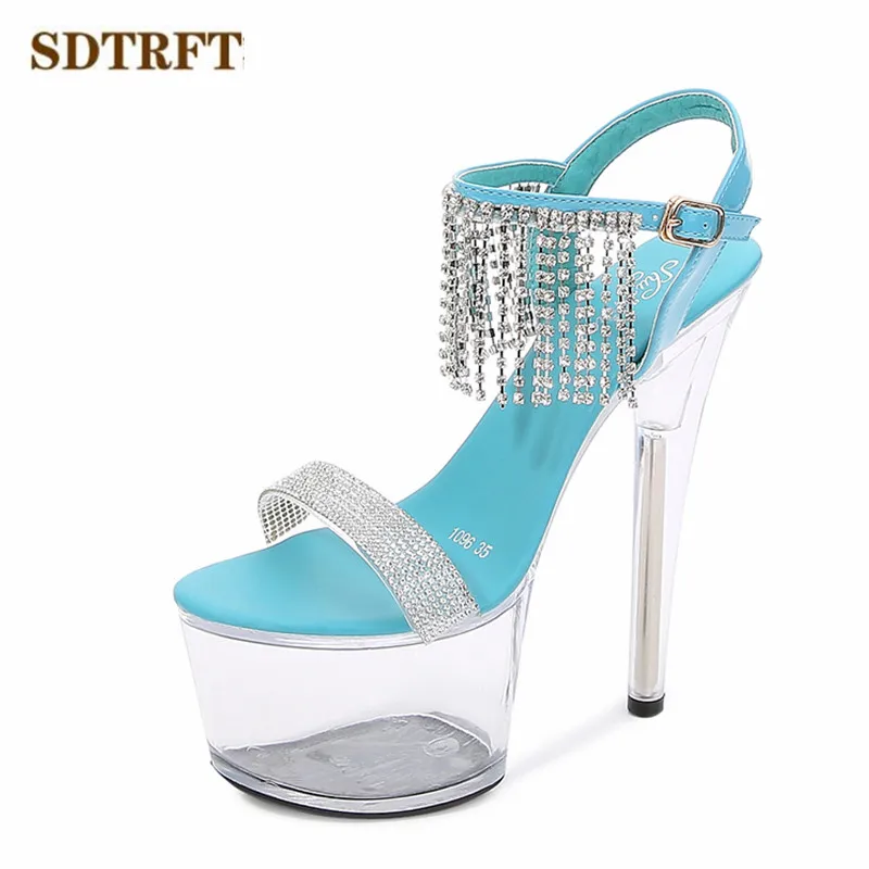 SDTRFT Transparent Stilettos zapatos mujer 13 15 17cm thin heels platform diamond Tassels SM sandals shoes woman Wedding pumps