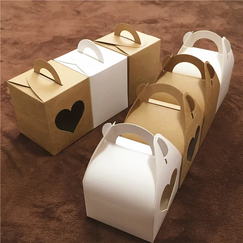 20Pcs/Lot Blank Kraft Handle Portable Kraft Paper Box Packaging For Cake/Muffin/Cake/Coffee Bean Gift Carry Box