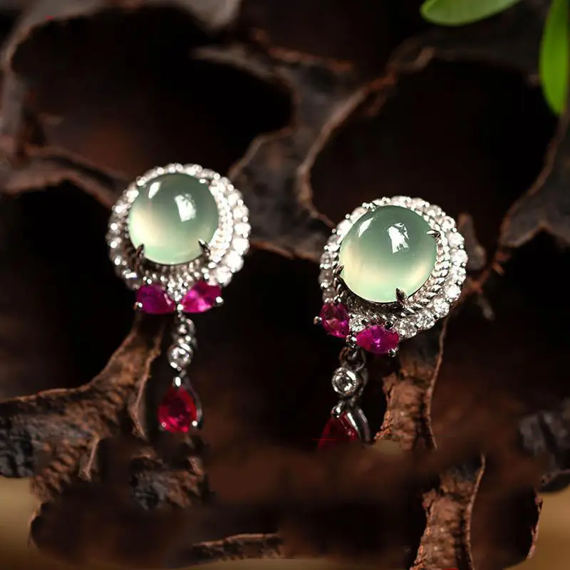 Original new high ice transparent glass type diamond egg round earrings retro light luxury charm ladies brand silver jewelry