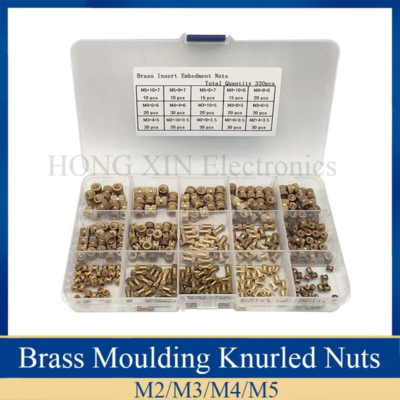 330Pcs/set Female Thread Knurled Nuts M2 M3 M4 M5 Brass Threaded Insert Injection Moulding Knurled Nuts   Assortment Kit