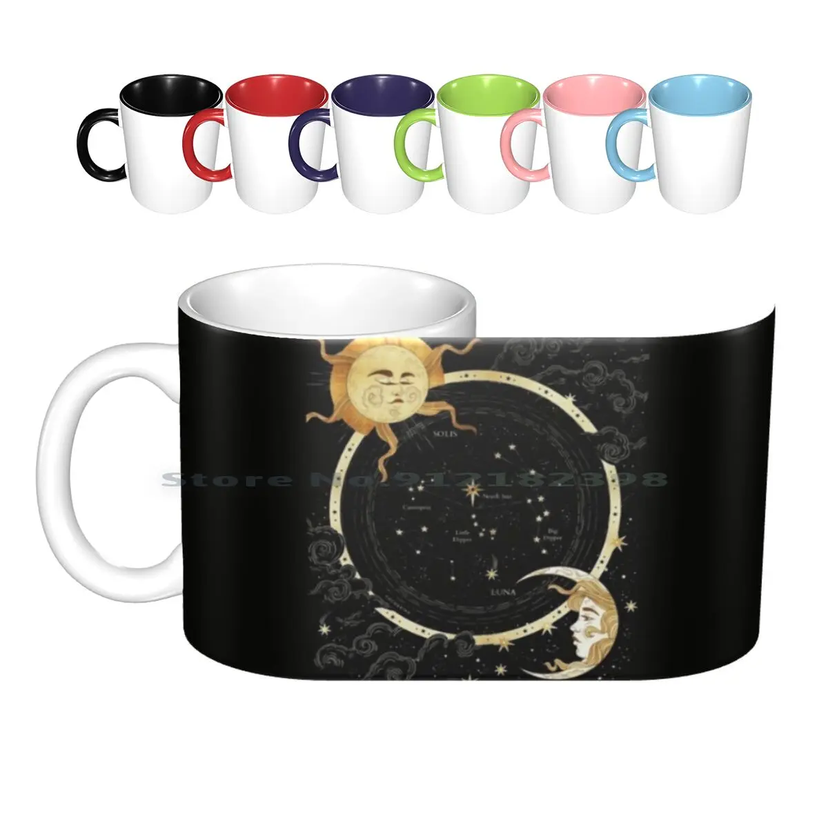 The North Star Ceramic Mugs Coffee Cups Milk Tea Moon Univers Solis Luna Night Black Flower Constelation Zodiac Creative