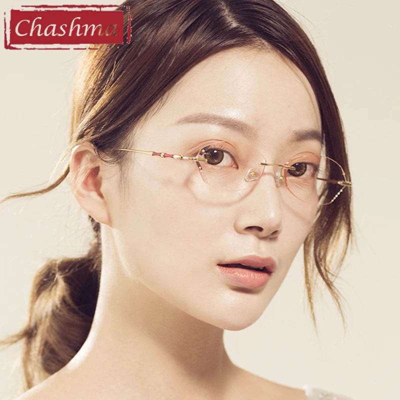 Chashma Prescription Glasses Women Fashion Titanium Rimless Spectacles Eyeglasses Frames Colored Diamond Trimmed Stones Lenses