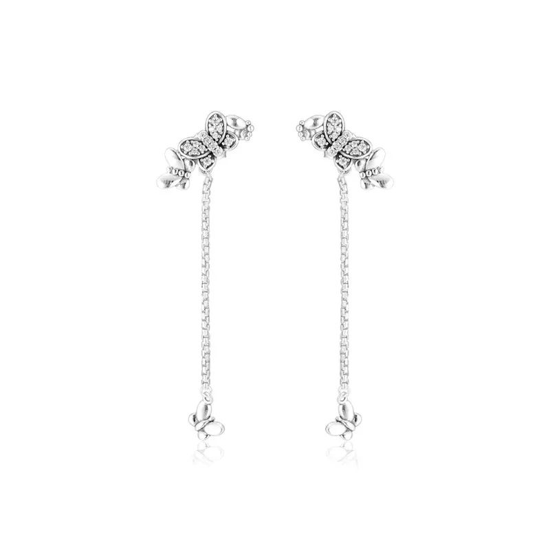 

Clear CZ Crystal Butterfly Drop Earrings Paved Zircon 100% 925 Sterling Silver Earrings for Women Jewelry Long Chain Earrings